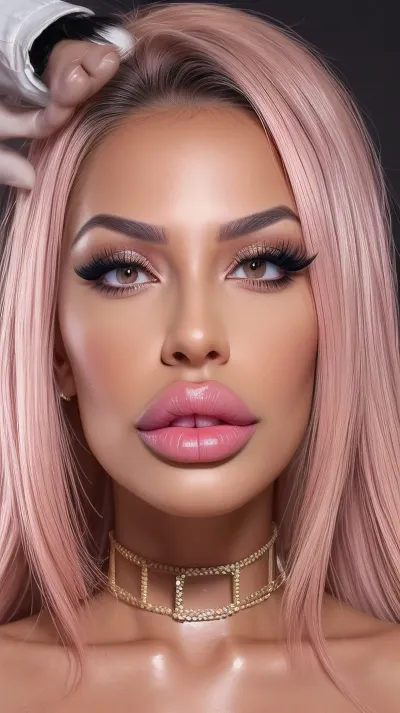 bimbo, black hair, best portrait photo, bolt on lips, tanned skin, one Person

reflecting skin, moist lips, collar bone, slim shoulders, ultra plump lips, ultra snatched face, botoxfacelift, antiageing, ultra cosmetic surgery, bright eyes, botox eyes, ultra glass skin, foxy eyes, perfect glass skin, flawless skin, Glistering skin, glistering lips, at a party, pouting lips, flaunting lips, looking up at viewer, eye contact, long fake eyelashes, slutty make up, lip gloss, pink, flirting with the host, ultra high quality, doing bimbo things, fresh cosmetic surgery, high detailed skin, 8K, HDR light, detailed skin texture, highly detailed hair, hair extensions, highly detailed face, insanely detailed, highest quality, hyperrealistic, <lora:lips:.4>, <lora:BimbolipsV3-000004:.4>
