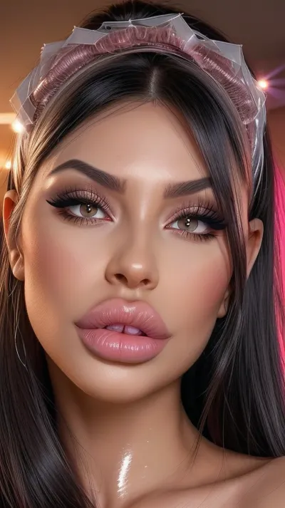 bimbo, black hair, best portrait photo, bolt on lips, tanned skin, one Person

reflecting skin, moist lips, collar bone, slim shoulders, ultra plump lips, ultra snatched face, botoxfacelift, antiageing, ultra cosmetic surgery, bright eyes, botox eyes, ultra glass skin, foxy eyes, perfect glass skin, flawless skin, Glistering skin, glistering lips, at a party, pouting lips, flaunting lips, looking up at viewer, eye contact, long fake eyelashes, slutty make up, lip gloss, pink, flirting with the host, ultra high quality, doing bimbo things, fresh cosmetic surgery, high detailed skin, 8K, HDR light, detailed skin texture, highly detailed hair, hair extensions, highly detailed face, insanely detailed, highest quality, hyperrealistic, <lora:BimbolipsV3-000004:.4>