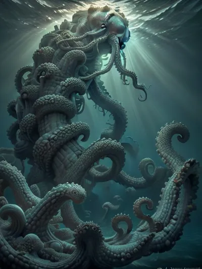 Under the thunderous waves The bottomless sea, at the bottom of the sea The Kraken sleeps, undisturbed by dreams as ancient as the sea. Millennial age and weight Huge algae of the depths Intertwined with the whitish rays, Sunny above it. An unearthly spread of Coral Trees scattered a multi-layered shadow on it. The Kraken sleeps, getting fatter day by day, On the fat worms of the sea, Until the last heavenly fire scorches the Depths and stirs up the waters, then it will rise with a roar from the abyss. To watch the angels... and die., UnSea, sea, monster, undersea, boat, <lora:UnderSea-10:.2>, <lora:Cthulhu_monster:.2>, <lora:wolong_v1-000012:.1>, <lora:SeaMonster-v1.0:.2>