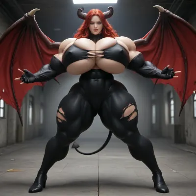 1girl, {{{{unbelievably mega gigantic colossal hypermuscles}}}}, {{{{unbelievably mega gigantic colossal hyperbreasts}}}}, {{{{unbelievably mega gigantic colossal hypernipples}}}}, {{{{unbelievably mega gigantic colossally swollen hyper-camel-toe}}}} DC Comic books, Superhero, Superheroine, standing in a high-tech, super science laboratory, unlimited magical growth and unrealistically distorted body part sizes, dark red skin, cascading extremely long curly dark crimson red hair, 10' tall, Tiefling Succubus amazon giantess with gigantic massive colossally muscular hyper-muscles with gigantic colossally muscular huge arm muscles, wearing a blue and white skintight ripped Superhero costume, porn star erotic model huge gigantic perky extremely round wide diameter hyper breasts boobs under the superhero costume, sexy female face, huge massive thick black spiral-shaped horns on her heard, a very short thick demon tail slightly curving behind her with a spade shaped tip at the end, pumped-up breasts, pumped-up muscles, huge massive colossal gigantic demon wings on her back reaching over halfway to the ground and rising above her head and flaring out to either side of her, gigantic sized muscular shoulders, extremely slim waist, unbelievably long and deep cleavage firmly pressed together, wide plush hips, gigantic bubble-butt, gigantic muscular girl, include extreme female hyper-muscle growth with supersized biceps and triceps and gigantic muscles bulging and ripping out of her top, extreme female hyper-breast growth to gigantic colossal perfectly round super-firm breasts firmly thrusting directly straight out from her chest, her breasts are so firm and rounded that they cover everything from base of her neck down to where they touch the middle of her thighs and stick out to beyond her arms, extremely long narrow deep cleavage, both breasts pressed firmly together, her of her costume, gigantic super-perky nipples tenting the fabric of the costume that covers them by thrusting upward from her breasts, gigantic arms, gigantic legs, extreme female muscle growth, each breast a thousand feet in diameter, each bicep and triceps five hundred feet in diameter, each breast's volume a thousand times her body mass, Biceps and Triceps volume a thousand times greater than body mass, Nipple volume greater than her body, colossal biceps, extreme breast growth, extreme nipple growth, extreme lactation, high volume lactation causing milk to gush from each nipple, massively swollen breasts, overfilled breasts, gigantic prominent noticeably swollen and bulging camel-toe with an extremely long massive slit, entire body volume greater than a thousand times more than a normal person, extremely noticeably prominent steroid muscle growth creating gigantic oversized slabs of muscles all over her body, gigantic prominent black areola bulging out from under each superhero costume covered nipple