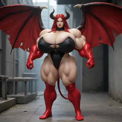 1girl, {{{{unbelievably mega gigantic colossal hypermuscles}}}}, {{{{unbelievably mega gigantic colossal hyperbreasts}}}}, {{{{unbelievably mega gigantic colossal hypernipples}}}}, {{{{unbelievably mega gigantic colossally swollen hyper-camel-toe}}}} DC Comic books, Superhero, Superheroine, standing in a high-tech, super science laboratory, unlimited magical growth and unrealistically distorted body part sizes, dark red skin, cascading extremely long curly dark crimson red hair, 10' tall, Tiefling Succubus amazon giantess with gigantic massive colossally muscular hyper-muscles with gigantic colossally muscular huge arm muscles, wearing a blue and white skintight ripped Superhero costume, porn star erotic model huge gigantic perky extremely round wide diameter hyper breasts boobs under the superhero costume, sexy female face, huge massive thick black spiral-shaped horns on her heard, a very short thick demon tail slightly curving behind her with a spade shaped tip at the end, pumped-up breasts, pumped-up muscles, huge massive colossal gigantic demon wings on her back reaching over halfway to the ground and rising above her head and flaring out to either side of her, gigantic sized muscular shoulders, extremely slim waist, unbelievably long and deep cleavage firmly pressed together, wide plush hips, gigantic bubble-butt, gigantic muscular girl, include extreme female hyper-muscle growth with supersized biceps and triceps and gigantic muscles bulging and ripping out of her top, extreme female hyper-breast growth to gigantic colossal perfectly round super-firm breasts firmly thrusting directly straight out from her chest, her breasts are so firm and rounded that they cover everything from base of her neck down to where they touch the middle of her thighs and stick out to beyond her arms, extremely long narrow deep cleavage, both breasts pressed firmly together, her of her costume, gigantic super-perky nipples tenting the fabric of the costume that covers them by thrusting upward from her breasts, gigantic arms, gigantic legs, extreme female muscle growth, each breast a thousand feet in diameter, each bicep and triceps five hundred feet in diameter, each breast's volume a thousand times her body mass, Biceps and Triceps volume a thousand times greater than body mass, Nipple volume greater than her body, colossal biceps, extreme breast growth, extreme nipple growth, extreme lactation, high volume lactation causing milk to gush from each nipple, massively swollen breasts, overfilled breasts, gigantic prominent noticeably swollen and bulging camel-toe with an extremely long massive slit, entire body volume greater than a thousand times more than a normal person, extremely noticeably prominent steroid muscle growth creating gigantic oversized slabs of muscles all over her body, gigantic prominent black areola bulging out from under each superhero costume covered nipple