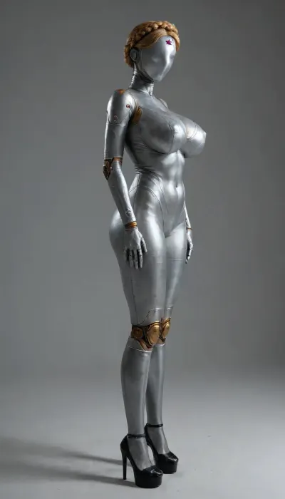 girl from Atomic Heart video game, Atomic Heart outfit, 1girl, full body view, a cyborg woman with robotic body except her boobs and pussy, excybertechsdxl, robot, Android, side view, mask, huge breast implants, platform high heels