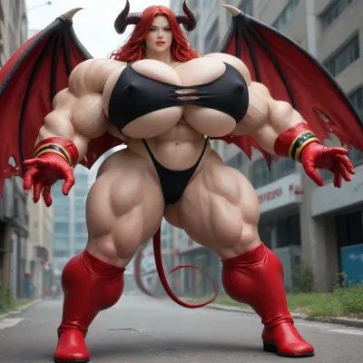 1girl, {{{{unbelievably mega gigantic colossal hypermuscles}}}}, {{{{unbelievably mega gigantic colossal hyperbreasts}}}}, {{{{unbelievably mega gigantic colossal hypernipples}}}}, {{{{unbelievably mega gigantic colossally swollen hyper-camel-toe}}}} DC Comic books, Superhero, Superheroine, standing in a high-tech, super science laboratory, unlimited magical growth and unrealistically distorted body part sizes, dark red skin, cascading extremely long curly dark crimson red hair, 10' tall, Tiefling Succubus amazon giantess with gigantic massive colossally muscular hyper-muscles with gigantic colossally muscular huge arm muscles, wearing a blue and white skintight ripped Superhero costume, porn star erotic model huge gigantic perky extremely round wide diameter hyper breasts boobs under the superhero costume, sexy female face, huge massive thick black spiral-shaped horns on her heard, a very short thick demon tail slightly curving behind her with a spade shaped tip at the end, pumped-up breasts, pumped-up muscles, huge massive colossal gigantic demon wings on her back reaching over halfway to the ground and rising above her head and flaring out to either side of her, gigantic sized muscular shoulders, extremely slim waist, unbelievably long and deep cleavage firmly pressed together, wide plush hips, gigantic bubble-butt, gigantic muscular girl, include extreme female hyper-muscle growth with supersized biceps and triceps and gigantic muscles bulging and ripping out of her top, extreme female hyper-breast growth to gigantic colossal perfectly round super-firm breasts firmly thrusting directly straight out from her chest, her breasts are so firm and rounded that they cover everything from base of her neck down to where they touch the middle of her thighs and stick out to beyond her arms, extremely long narrow deep cleavage, both breasts pressed firmly together, her of her costume, gigantic super-perky nipples tenting the fabric of the costume that covers them by thrusting upward from her breasts, gigantic arms, gigantic legs, extreme female muscle growth, each breast a thousand feet in diameter, each bicep and triceps five hundred feet in diameter, each breast's volume a thousand times her body mass, Biceps and Triceps volume a thousand times greater than body mass, Nipple volume greater than her body, colossal biceps, extreme breast growth, extreme nipple growth, extreme lactation, high volume lactation causing milk to gush from each nipple, massively swollen breasts, overfilled breasts, gigantic prominent noticeably swollen and bulging camel-toe with an extremely long massive slit, entire body volume greater than a thousand times more than a normal person, extremely noticeably prominent steroid muscle growth creating gigantic oversized slabs of muscles all over her body, gigantic prominent black areola bulging out from under each superhero costume covered nipple