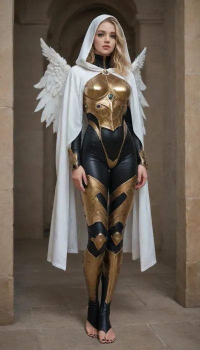 slim angel with large wings, blonde hair, blue eyes, heavy goth make up, golden full body armor with black leather underneath, golden armored leggings, white hood, (full body photo), perfect feet, (black stirrup socks, black toenail polish)