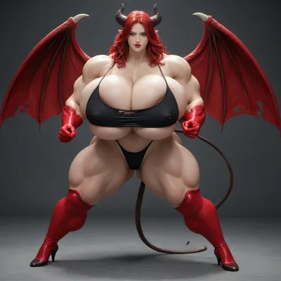 1girl, {{{{unbelievably mega gigantic colossal hypermuscles}}}}, {{{{unbelievably mega gigantic colossal hyperbreasts}}}}, {{{{unbelievably mega gigantic colossal hypernipples}}}}, {{{{unbelievably mega gigantic colossally swollen hyper-camel-toe}}}} DC Comic books, Superhero, Superheroine, standing in a high-tech, super science laboratory, unlimited magical growth and unrealistically distorted body part sizes, dark red skin, cascading extremely long curly dark crimson red hair, 10' tall, Tiefling Succubus amazon giantess with gigantic massive colossally muscular hyper-muscles with gigantic colossally muscular huge arm muscles, wearing a blue and white skintight ripped Superhero costume, porn star erotic model huge gigantic perky extremely round wide diameter hyper breasts boobs under the superhero costume, sexy female face, huge massive thick black spiral-shaped horns on her heard, a very short thick demon tail slightly curving behind her with a spade shaped tip at the end, pumped-up breasts, pumped-up muscles, huge massive colossal gigantic demon wings on her back reaching over halfway to the ground and rising above her head and flaring out to either side of her, gigantic sized muscular shoulders, extremely slim waist, unbelievably long and deep cleavage firmly pressed together, wide plush hips, gigantic bubble-butt, gigantic muscular girl, include extreme female hyper-muscle growth with supersized biceps and triceps and gigantic muscles bulging and ripping out of her top, extreme female hyper-breast growth to gigantic colossal perfectly round super-firm breasts firmly thrusting directly straight out from her chest, her breasts are so firm and rounded that they cover everything from base of her neck down to where they touch the middle of her thighs and stick out to beyond her arms, extremely long narrow deep cleavage, both breasts pressed firmly together, her of her costume, gigantic super-perky nipples tenting the fabric of the costume that covers them by thrusting upward from her breasts, gigantic arms, gigantic legs, extreme female muscle growth, each breast a thousand feet in diameter, each bicep and triceps five hundred feet in diameter, each breast's volume a thousand times her body mass, Biceps and Triceps volume a thousand times greater than body mass, Nipple volume greater than her body, colossal biceps, extreme breast growth, extreme nipple growth, extreme lactation, high volume lactation causing milk to gush from each nipple, massively swollen breasts, overfilled breasts, gigantic prominent noticeably swollen and bulging camel-toe with an extremely long massive slit, entire body volume greater than a thousand times more than a normal person, extremely noticeably prominent steroid muscle growth creating gigantic oversized slabs of muscles all over her body, gigantic prominent black areola bulging out from under each superhero costume covered nipple