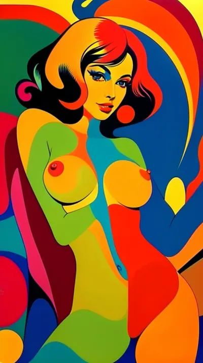 60s psychedelic poster art, post-modern, abstract painting of a nude woman, high complexity, high details, pinup pose, orange and red color palette