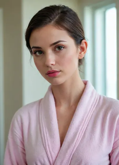 (side view, turning to viewer:1.2), 18 years old, sexy, short dark hair, tied back, small face, innocent, (young girl), (skinny), model, makeup, (pink lip gloss), cute, attractive, petite, snub nose, in a soft, white bathrobe, (looks at viewer), (pouting)
