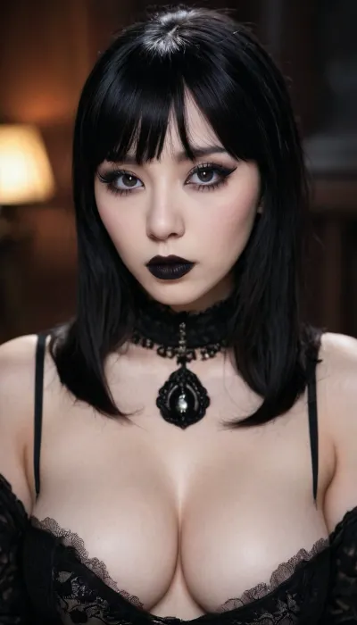 gothic, goth, (asian:1), pale skin, dark black eyes, black hair, bangs hair, black eyeliner, (black lipstick), white skin, perfect eyes, small eyes, detailed eyes, small nose, good anatomy, ultra detailed, high resolution, fake breasts, slut face, whore, (ahegao:1), sexy posing