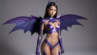 Asian Cyborg Batgirl, blue-grey-purple-cosume-Matalic wings, full body view 21-year-old, petite, big breasts, nude, shaved vagina-facing viewer, clear background.