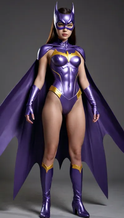 Asian Cyborg Batgirl, blue-grey-purple-cosume-Matalic wings, full body view 21-year-old, petite, big breasts, nude, shaved vagina-facing viewer, clear background.