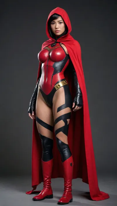 Asian Cyborg Robin-the-girl wonder, Jet-black-cape and hood, dirty-red-costume, full body view 21-year-old, petite, big breasts, nude, shaved vagina-facing viewer, in-the-style of Damian Wayne, clear background.