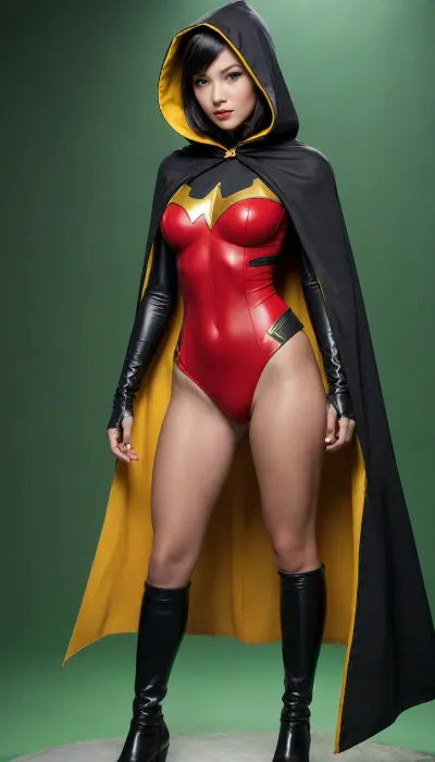 Asian Cyborg Robin-the-girl wonder, (((ROBIN-logo on chest))), (((Jet-black wast high cape and hood with yellow lining)), full body view 18-year-old, petite, big breasts, nude, shaved vagina-facing viewer, in the style of Damian Wayne, (green-and-red costume), clear background.)