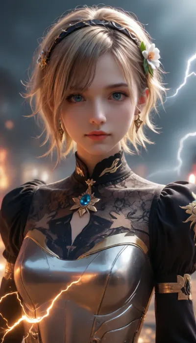 princess, technostimpunk, mechanical dress, mechanical flower in hair, electromagnetic atmosphere, lightning shining, current light, flash of electricity