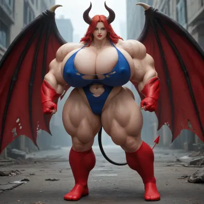 1girl, {{{{unbelievably mega gigantic colossal hypermuscles}}}}, {{{{unbelievably mega gigantic colossal hyperbreasts}}}}, {{{{unbelievably mega gigantic colossal hypernipples}}}}, {{{{unbelievably mega gigantic colossally swollen hyper-camel-toe}}}} DC Comic books, Superhero, Superheroine, standing in a high-tech, super science laboratory, unlimited magical growth and unrealistically distorted body part sizes, dark red skin, cascading extremely long curly dark crimson red hair, 10' tall, Tiefling Succubus amazon giantess with gigantic massive colossally muscular hyper-muscles with gigantic colossally muscular huge arm muscles, wearing a blue and white skintight ripped Superhero costume, porn star erotic model huge gigantic perky extremely round wide diameter hyper breasts boobs under the superhero costume, sexy female face, huge massive thick black spiral-shaped horns on her heard, a very short thick demon tail slightly curving behind her with a spade shaped tip at the end, pumped-up breasts, pumped-up muscles, huge massive colossal gigantic demon wings on her back reaching over halfway to the ground and rising above her head and flaring out to either side of her, gigantic sized muscular shoulders, extremely slim waist, unbelievably long and deep cleavage firmly pressed together, wide plush hips, gigantic bubble-butt, gigantic muscular girl, include extreme female hyper-muscle growth with supersized biceps and triceps and gigantic muscles bulging and ripping out of her top, extreme female hyper-breast growth to gigantic colossal perfectly round super-firm breasts firmly thrusting directly straight out from her chest, her breasts are so firm and rounded that they cover everything from base of her neck down to where they touch the middle of her thighs and stick out to beyond her arms, extremely long narrow deep cleavage, both breasts pressed firmly together, her of her costume, gigantic super-perky nipples tenting the fabric of the costume that covers them by thrusting upward from her breasts, gigantic arms, gigantic legs, extreme female muscle growth, each breast a thousand feet in diameter, each bicep and triceps five hundred feet in diameter, each breast's volume a thousand times her body mass, Biceps and Triceps volume a thousand times greater than body mass, Nipple volume greater than her body, colossal biceps, extreme breast growth, extreme nipple growth, extreme lactation, high volume lactation causing milk to gush from each nipple, massively swollen breasts, overfilled breasts, gigantic prominent noticeably swollen and bulging camel-toe with an extremely long massive slit, entire body volume greater than a thousand times more than a normal person, extremely noticeably prominent steroid muscle growth creating gigantic oversized slabs of muscles all over her body, gigantic prominent black areola bulging out from under each superhero costume covered nipple