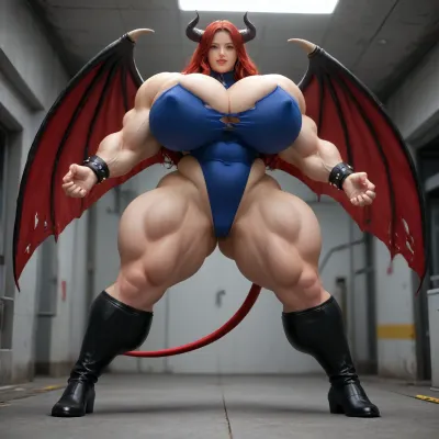 1girl, {{{{unbelievably mega gigantic colossal hypermuscles}}}}, {{{{unbelievably mega gigantic colossal hyperbreasts}}}}, {{{{unbelievably mega gigantic colossal hypernipples}}}}, {{{{unbelievably mega gigantic colossally swollen hyper-camel-toe}}}} DC Comic books, Superhero, Superheroine, standing in a high-tech, super science laboratory, unlimited magical growth and unrealistically distorted body part sizes, dark red skin, cascading extremely long curly dark crimson red hair, 10' tall, Tiefling Succubus amazon giantess with gigantic massive colossally muscular hyper-muscles with gigantic colossally muscular huge arm muscles, wearing a blue and white skintight ripped Superhero costume, porn star erotic model huge gigantic perky extremely round wide diameter hyper breasts boobs under the superhero costume, sexy female face, huge massive thick black spiral-shaped horns on her heard, a very short thick demon tail slightly curving behind her with a spade shaped tip at the end, pumped-up breasts, pumped-up muscles, huge massive colossal gigantic demon wings on her back reaching over halfway to the ground and rising above her head and flaring out to either side of her, gigantic sized muscular shoulders, extremely slim waist, unbelievably long and deep cleavage firmly pressed together, wide plush hips, gigantic bubble-butt, gigantic muscular girl, include extreme female hyper-muscle growth with supersized biceps and triceps and gigantic muscles bulging and ripping out of her top, extreme female hyper-breast growth to gigantic colossal perfectly round super-firm breasts firmly thrusting directly straight out from her chest, her breasts are so firm and rounded that they cover everything from base of her neck down to where they touch the middle of her thighs and stick out to beyond her arms, extremely long narrow deep cleavage, both breasts pressed firmly together, her of her costume, gigantic super-perky nipples tenting the fabric of the costume that covers them by thrusting upward from her breasts, gigantic arms, gigantic legs, extreme female muscle growth, each breast a thousand feet in diameter, each bicep and triceps five hundred feet in diameter, each breast's volume a thousand times her body mass, Biceps and Triceps volume a thousand times greater than body mass, Nipple volume greater than her body, colossal biceps, extreme breast growth, extreme nipple growth, extreme lactation, high volume lactation causing milk to gush from each nipple, massively swollen breasts, overfilled breasts, gigantic prominent noticeably swollen and bulging camel-toe with an extremely long massive slit, entire body volume greater than a thousand times more than a normal person, extremely noticeably prominent steroid muscle growth creating gigantic oversized slabs of muscles all over her body, gigantic prominent black areola bulging out from under each superhero costume covered nipple