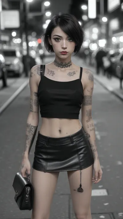 skinny 18 year old, prostitute, dirty, trashy, tatoos, heavy makeup, freckles, messy short hair, skin, naval, indecent, carrying purse, tiny, skirt, microskirt, high heels, busy sidewalk at night, Cologne Germany, flash photography, model stance, shirt with no bra, bad neighborhood, perfect face, ca45mv7-100, photo, of, perfecteyes, eyes, eye contact, bttrfrckl, <lora:lora_perfecteyes_v1_from_v1_160:.5>