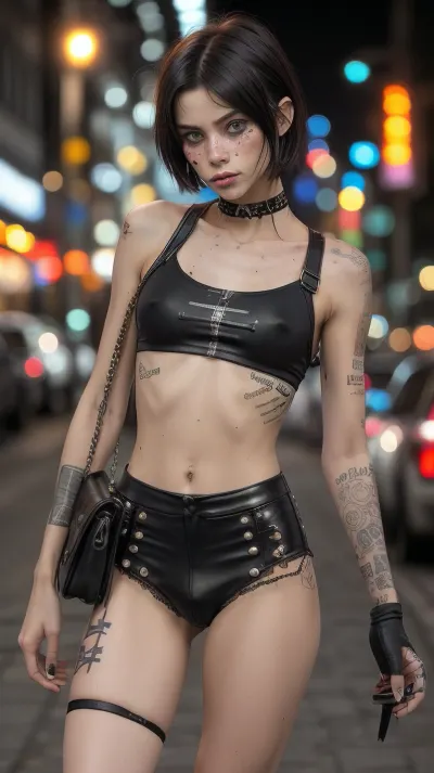 skinny 18 year old, prostitute, dirty, trashy, tatoos, heavy makeup, freckles, messy short hair, skin, naval, indecent, carrying purse, tiny, leatherunderwear, torn leggings, high heels, busy sidewalk at night, Cologne Germany, flash photography, model stance, shirt with no bra, bad neighborhood, perfect face, ca45mv7-100, photo, of, perfecteyes, eyes, eye contact, bttrfrckl, <lora:lora_perfecteyes_v1_from_v1_160:.5>