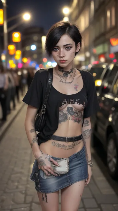 skinny 18 year old, prostitute, dirty, trashy, tatoos, heavy makeup, freckles, messy short hair, skin, naval, indecent, carrying purse, tiny, skirt, microskirt, high heels, busy sidewalk at night, Cologne Germany, flash photography, model stance, shirt with no bra, bad neighborhood, perfect face, ca45mv7-100, photo, of, perfecteyes, eyes, eye contact, bttrfrckl, <lora:lora_perfecteyes_v1_from_v1_160:.5>