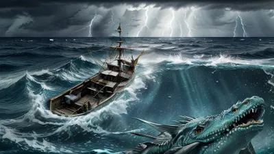 Seascape, ship on the high seas, storm, high waves, colored ink Mikhail Garmash, Louis Jover, Victor Cheleg, Damien Hirst, Ivan Aizovsky, Claude Joseph Vernet, broken glass effect, no background, amazing, something that doesn’t even exist, ((a terrible sea monster swims up to the ship)), a strong storm, huge frothy waves, thunderclouds covered the entire sky, lightning flashes on the horizon, energy, molecular, textures, shimmering and luminescent colors, breathtaking beauty, pure perfection, divine presence, unforgettable, impressive, three-dimensional light, auras, rays, vibrant colors, Broken Glass effect, stunning, something that even doesn't exist, mythical being, iridescent and luminescent scales, Volumetric light, vivid colors reflects, sea, monster, undersea, boat, <lora:SeaMonster-v1.0:.5>