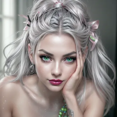Pretty silver hair slim girl, pretty face, silver hair, black and silver makeup accents, green big detailed eyes, black wrist bracelet, silver lipstick, perky tits, sheaply breast, hair ribbons, RAW image, eye contact, messy, 8k UHD, DSLR photo, high quality, Fujifilm XT3, analog style, professional, male pov, front view, (hyper realistic), (realistic), 1, best lighting, perfect illumination, (best illumination), (best shadow, best shadows), highres, ultra-detailed, 8K, UHD, highest quality, masterpiece, best quality, (ultra realistic), sharp image, swollen lips, pink lip gloss, lips parted, smiling, happy, excited, <lora:add_detail:.5>, epiCPhoto, z03-001, glitt3r, <lora:glitt3r:.5>