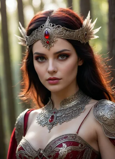 in a moody, atmospheric photograph, a белая девушка зайчиха, adorned with a silver filigree helmet on her forehead, gazes intensely with dark, crimson-red eyes, her porcelain skin radiating a subtle sheen amidst the warm, sun-drenched forest surroundings. Her raven-black hair cascades down her back, forming a luxuriant, voluminous tail that complements her smoldering, sun-kissed complexion. Jewelry with intricate, modern designs adds a touch of sophistication, while the ambiance exudes a sense of classic glamour, replete with exaggerated facial features, neo-classicist symmetry, and an amber hue reminiscent of the post-'70s ego generation. The image boasts a masterpiece quality, with a photorealistic essence, showcasing impeccable bokeh, sharp focus on the subject's eyes, and a skin texture that's eerily lifelike. The 8K, HDR image is steeped in cinematic lighting, with an extraordinary level of detail and intricacy, perfect for capturing the essence of this enchanting, dreamlike scene.