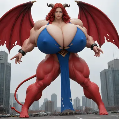 1girl, {{{{, (hypermuscles), }}}}, (hyperbreasts), (hypernipples), (hyper-camel-toe), (DC Comic books), Superhero, Superheroine, (standing in a high-tech, super science laboratory), (unlimited magical growth and unrealistically distorted body part sizes), (dark red skin), (cascading extremely long curly dark crimson red hair), 10' tall, (Tiefling Succubus amazon giantess with gigantic massive colossally muscular hyper-muscles with gigantic colossally muscular huge arm muscles), (wearing a blue and white skintight ripped Superhero costume), porn star erotic model huge gigantic perky extremely round wide diameter hyper breasts boobs under the superhero costume, sexy female face, (huge massive thick black spiral-shaped horns on her head), (a very short thick demon tail slightly curving behind her with a spade shaped tip at the end), pumped-up breasts, pumped-up muscles, (huge massive colossal gigantic demon wings on her back reaching over halfway to the ground and rising above her head and flaring out to either side of her), (gigantic sized muscular shoulders), extremely slim waist, (unbelievably long and deep cleavage firmly pressed together), wide plush hips, gigantic bubble-butt, gigantic muscular girl, (include extreme female hyper-muscle growth with supersized biceps and triceps and gigantic muscles bulging and ripping out of her top), (extreme female hyper-breast growth to gigantic colossal perfectly round super-firm breasts firmly thrusting directly straight out from her chest), (her breasts are so firm and rounded that they cover everything from base of her neck down to where they touch the middle of her thighs and stick out to beyond her arms), (extremely long narrow deep cleavage), (both breasts pressed firmly together), (gigantic super-perky nipples tenting the fabric of the costume that covers them by thrusting upward from her breasts), gigantic arms, gigantic legs, (extreme female muscle growth), (each breast five feet in diameter), (each bicep and triceps three feet in diameter), (each breast's volume greater than a "yoga-exercise-ball", Biceps and Triceps volume greater than a "beach-ball", Nipple volume greater than a "litter-soda-bottle"), colossal biceps, extreme breast growth, extreme nipple growth, extreme lactation, (high volume lactation causing milk to gush from each nipple), massively swollen breasts, overfilled breasts, (gigantic prominent noticeably swollen and bulging camel-toe with an extremely long massive slit), (extremely noticeably prominent steroid muscle growth creating gigantic oversized slabs of muscles all over her body), (gigantic prominent black areola bulging out from under each superhero costume covered nipple)