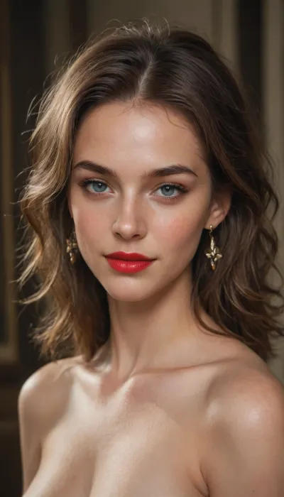 full nude, bright red lipstick, the image is an oil painting by Carravagio, (Michelangelo Merisi da Caravaggio), ultra high contrast, perfect face, perfect eyes, perfect mouth, looking at viewer, eye contact, smile, ultra detailed skin texture