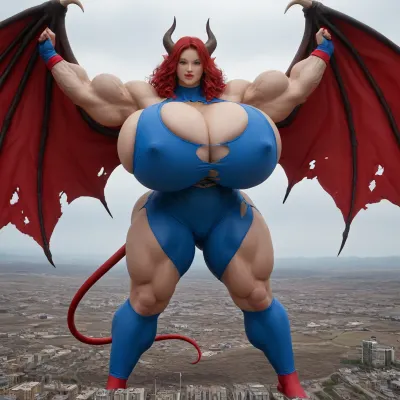 1girl, {{{{, (hypermuscles), }}}}, (hyperbreasts), (hypernipples), (hyper-camel-toe), (DC Comic books), Superhero, Superheroine, (standing in a high-tech, super science laboratory), (unlimited magical growth and unrealistically distorted body part sizes), (dark red skin), (cascading extremely long curly dark crimson red hair), 10' tall, (Tiefling Succubus amazon giantess with gigantic massive colossally muscular hyper-muscles with gigantic colossally muscular huge arm muscles), (wearing a blue and white skintight ripped Superhero costume), porn star erotic model huge gigantic perky extremely round wide diameter hyper breasts boobs under the superhero costume, sexy female face, (huge massive thick black spiral-shaped horns on her head), (a very short thick demon tail slightly curving behind her with a spade shaped tip at the end), pumped-up breasts, pumped-up muscles, (huge massive colossal gigantic demon wings on her back reaching over halfway to the ground and rising above her head and flaring out to either side of her), (gigantic sized muscular shoulders), extremely slim waist, (unbelievably long and deep cleavage firmly pressed together), wide plush hips, gigantic bubble-butt, gigantic muscular girl, (include extreme female hyper-muscle growth with supersized biceps and triceps and gigantic muscles bulging and ripping out of her top), (extreme female hyper-breast growth to gigantic colossal perfectly round super-firm breasts firmly thrusting directly straight out from her chest), (her breasts are so firm and rounded that they cover everything from base of her neck down to where they touch the middle of her thighs and stick out to beyond her arms), (extremely long narrow deep cleavage), (both breasts pressed firmly together), (gigantic super-perky nipples tenting the fabric of the costume that covers them by thrusting upward from her breasts), gigantic arms, gigantic legs, (extreme female muscle growth), (each breast 10 feet in diameter), (each bicep and triceps ten feet in diameter), (each breast's volume double the volume of a "yoga-exercise-ball", Biceps and Triceps volume double the volume of a "beach-ball", Nipple volume double the volume of a "litter-soda-bottle"), colossal biceps, extreme breast growth, extreme nipple growth, extreme lactation, (high volume lactation causing milk to gush from each nipple), massively swollen breasts, overfilled breasts, (gigantic prominent noticeably swollen and bulging camel-toe with an extremely long massive slit), (extremely noticeably prominent steroid muscle growth creating gigantic oversized slabs of muscles all over her body), (gigantic prominent black areola bulging out from under each superhero costume covered nipple)
