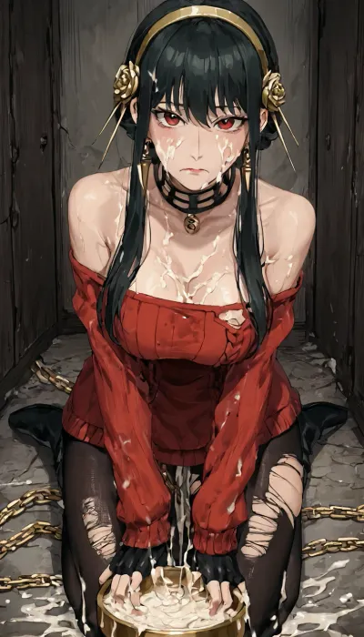 yor briar spy x family, nsfw, black hair, (head down ass up:1.2), She sticks her ass out, bowl full of cum, she is eating cum from bowl, Dirty Jail, happy, frown, Nipple piercing, Huge and excessive semen from pussy, steam, humid, covered in cum, cum covered, Collar, chain, Dirty, She's covered in cum, big breasts, big ass, torn clothes, aayorf, short, with, long, locks, gold, ornament, eyes, earring, breasts, choker, bare, shoulders, black, dress, two-sided, fingerless, gloves, thigh, boots, bbyorf, white, earrings, jewelry, off, shoulder, sweater, sleeves, pantyhose, collarbone, shirt, collared, vest, skirt, <lora:yor_forger_XL_v1:1>, <lora:detailed_notrigger:.5>, <lora:YoungAdultSDXL:-2>, <lora:Zhao190-P3v1-NbVp10:1.5>