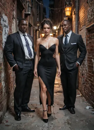 interracial, white woman, 45 years old woman, athletic woman, toned body, slim and curvy woman, petite woman, short woman, (naked woman), pretty face, black burgundy hair, large natural boobs, little black dress, high heels, dark alley, night, huge black thug grabs her hair, huge fat muscular black man with dirty clothes, man rips her dress, woman screams, three quarters view, (professional photography), (award winningphoto), (super realistic), (fine detail)