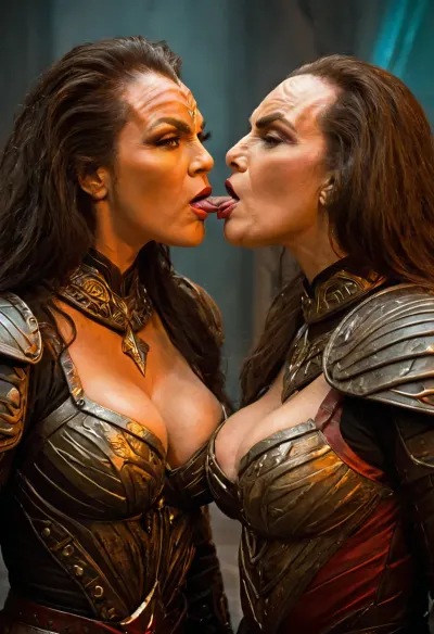 star trek, ((two gorgeous female klingons kissing)), forhead ridges, ((huge massive large breasts)), sharp fang teeth, body armor holding a batleth, <lora:Klingon-000005:.5>, licking, each, other's, tongues, kissing, other, on, the, lips, <lora:kissing_v2:.5>
