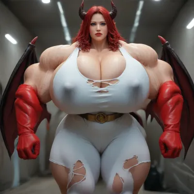 1girl, {{{{, (hypermuscles), }}}}, (hyperbreasts), (hypernipples), (hyper-camel-toe), (DC Comic books), Superhero, Superheroine, (standing in a high-tech, super science laboratory), (unlimited magical growth and unrealistically distorted body part sizes), (dark red skin), (cascading extremely long curly dark crimson red hair), 10' tall, (Tiefling Succubus amazon with gigantic massive colossally muscular hyper-muscles with gigantic colossally muscular huge arm muscles), (wearing a blue and white skintight ripped Superhero costume), porn star erotic model huge gigantic perky extremely round wide diameter hyper breasts boobs under the superhero costume, sexy female face, (huge massive thick black spiral-shaped horns on her head), (a very short thick demon tail slightly curving behind her with a spade shaped tip at the end), pumped-up breasts, pumped-up muscles, (huge massive colossal gigantic demon wings on her back reaching over halfway to the ground and rising above her head and flaring out to either side of her), (gigantic sized muscular shoulders), extremely slim waist, (unbelievably long and deep cleavage firmly pressed together), wide plush hips, gigantic bubble-butt, gigantic muscular girl, (include extreme female hyper-muscle growth with supersized biceps and triceps and gigantic muscles bulging and ripping out of her top), (extreme female hyper-breast growth to gigantic colossal perfectly round super-firm breasts firmly thrusting directly straight out from her chest), (her breasts are so firm and rounded that they cover everything from base of her neck down to where they touch the middle of her thighs and stick out to beyond her arms), (extremely long narrow deep cleavage), (both breasts pressed firmly together), (gigantic super-perky nipples tenting the fabric of the costume that covers them by thrusting upward from her breasts), gigantic arms, gigantic legs, (extreme female muscle growth), (each breast 10 feet in diameter), (each bicep and triceps ten feet in diameter), (each breast's volume double the volume of a "yoga-exercise-ball", Biceps and Triceps volume double the volume of a "beach-ball", Nipple volume double the volume of a "litter-soda-bottle"), colossal biceps, extreme breast growth, extreme nipple growth, extreme lactation, (high volume lactation causing milk to gush from each nipple), massively swollen breasts, overfilled breasts, (gigantic prominent noticeably swollen and bulging camel-toe with an extremely long massive slit), (extremely noticeably prominent steroid muscle growth creating gigantic oversized slabs of muscles all over her body), (gigantic prominent black areola bulging out from under each superhero costume covered nipple)