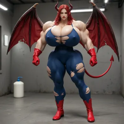 1girl, {{{{, (hypermuscles), }}}}, (hyperbreasts), (hypernipples), (hyper-camel-toe), (DC Comic books), Superhero, Superheroine, (standing in a high-tech, super science laboratory), (unlimited magical growth and unrealistically distorted body part sizes), (dark red skin), (cascading extremely long curly dark crimson red hair), 10' tall, (Tiefling Succubus amazon mini-GTS with gigantic massive colossally muscular hyper-muscles with gigantic colossally muscular huge arm muscles), (wearing a blue and white skintight ripped Superhero costume), porn star erotic model huge gigantic perky extremely round wide diameter hyper breasts boobs under the superhero costume, sexy female face, (huge massive thick black spiral-shaped horns on her head), (a very short thick demon tail slightly curving behind her with a spade shaped tip at the end), pumped-up breasts, pumped-up muscles, (huge massive colossal gigantic demon wings on her back reaching over halfway to the ground and rising above her head and flaring out to either side of her), (gigantic sized muscular shoulders), extremely slim waist, (unbelievably long and deep cleavage firmly pressed together), wide plush hips, gigantic bubble-butt, gigantic muscular girl, (include extreme female hyper-muscle growth with supersized biceps and triceps and gigantic muscles bulging and ripping out of her top), (extreme female hyper-breast growth to gigantic colossal perfectly round super-firm breasts firmly thrusting directly straight out from her chest), (her breasts are so firm and rounded that they cover everything from base of her neck down to where they touch the middle of her thighs and stick out to beyond her arms), (extremely long narrow deep cleavage), (both breasts pressed firmly together), (gigantic super-perky nipples tenting the fabric of the costume that covers them by thrusting upward from her breasts), gigantic arms, gigantic legs, (extreme female muscle growth), (each breast 10 feet in diameter), (each bicep and triceps ten feet in diameter), (each breast's volume double the volume of a "yoga-exercise-ball", Biceps and Triceps volume double the volume of a "beach-ball", Nipple volume double the volume of a "litter-soda-bottle"), colossal biceps, extreme breast growth, extreme nipple growth, extreme lactation, (high volume lactation causing milk to gush from each nipple), massively swollen breasts, overfilled breasts, (gigantic prominent noticeably swollen and bulging camel-toe with an extremely long massive slit), (extremely noticeably prominent steroid muscle growth creating gigantic oversized slabs of muscles all over her body), (gigantic prominent black areola bulging out from under each superhero costume covered nipple)