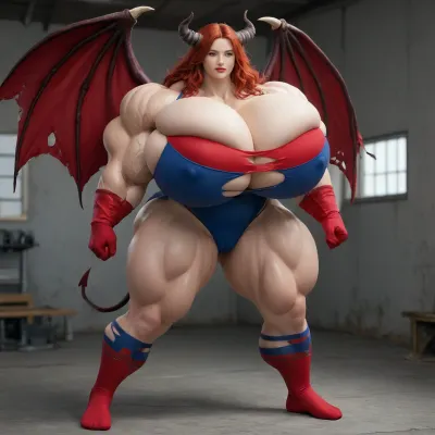 1girl, {{{{, (hypermuscles), }}}}, (hyperbreasts), (hypernipples), (hyper-camel-toe), (DC Comic books), Superhero, Superheroine, (standing in a high-tech scifi street), (unlimited magical growth and unrealistically distorted body part sizes), (dark red skin), (cascading extremely long curly dark crimson red hair), 10' tall, (Tiefling Succubus amazon mini-GTS with gigantic massive colossally muscular hyper-muscles with gigantic colossally muscular huge arm muscles), (wearing a blue and white skintight ripped Superhero costume), porn star erotic model huge gigantic perky extremely round wide diameter hyper breasts boobs under the superhero costume, sexy female face, (huge massive thick black spiral-shaped horns on her head), (a very short thick demon tail slightly curving behind her with a spade shaped tip at the end), pumped-up breasts, pumped-up muscles, (huge massive colossal gigantic demon wings on her back reaching over halfway to the ground and rising above her head and flaring out to either side of her), (gigantic sized muscular shoulders), extremely slim waist, (unbelievably long and deep cleavage firmly pressed together), wide plush hips, gigantic bubble-butt, gigantic muscular girl, (include extreme female hyper-muscle growth with supersized biceps and triceps and gigantic muscles bulging and ripping out of her top), (extreme female hyper-breast growth to gigantic colossal perfectly round super-firm breasts firmly thrusting directly straight out from her chest), (her breasts are so firm and rounded that they cover everything from base of her neck down to where they touch the middle of her thighs and stick out to beyond her arms), (extremely long narrow deep cleavage), (both breasts pressed firmly together), (gigantic super-perky nipples tenting the fabric of the costume that covers them by thrusting upward from her breasts), gigantic arms, gigantic legs, (extreme female muscle growth), (each breast 10 feet in diameter), (each bicep and triceps ten feet in diameter), (each breast's volume double the volume of a "yoga-exercise-ball", Biceps and Triceps volume double the volume of a "beach-ball", Nipple volume double the volume of a "litter-soda-bottle"), colossal biceps, extreme breast growth, extreme nipple growth, extreme lactation, (high volume lactation causing milk to gush from each nipple), massively swollen breasts, overfilled breasts, (gigantic prominent noticeably swollen and bulging camel-toe with an extremely long massive slit), (extremely noticeably prominent steroid muscle growth creating gigantic oversized slabs of muscles all over her body), (gigantic prominent black areola bulging out from under each superhero costume covered nipple)