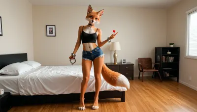(pappy from vkontakte), furry fox, one girl, anthro, anthropomorphic, full-length, ((pappy from vkontakte stickers)), realistic furry, domestic cat, standing in the bedroom, tight black top, denim shorts, choker around her neck, human features, red fox, sexy hips, He holds soft handcuffs in his hands, and his tongue sticks out playfully.