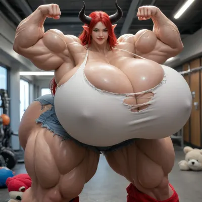 1girl, realistic, {{{{, (hypermuscles), }}}}, (hyperbreasts), (hypernipples), (hyper-camel-toe), (DC Comic books), Superhero, Superheroine, (standing in a high-tech science fiction street), (unlimited magical growth and unrealistically distorted body part sizes), (dark red skin), (cascading extremely long curly dark crimson red hair), 10' tall, (Tiefling Succubus amazon mini-GTS with gigantic massive colossally muscular hyper-muscles with gigantic colossally muscular huge arm muscles), (wearing a blue, white and pink skintight Superhero costume), (porn star erotic model huge gigantic perky extremely round wide diameter hyper breasts boobs under the superhero costume), (sexy female face), (huge massive thick black spiral-shaped horns on her head), (a very short thick demon tail slightly curving behind her with a spade shaped tip at the end), (pumped-up breasts), (pumped-up muscles), (huge massive colossal gigantic demon wings on her back reaching over halfway to the ground and rising above her head and flaring out to either side of her), (gigantic sized muscular shoulders), (extremely slim waist), (unbelievably long and deep cleavage firmly pressed together), (wide plush hips), (gigantic bubble-butt), (gigantic muscular girl), (include extreme female hyper-muscle growth with supersized biceps and triceps and gigantic muscles bulging and ripping out of her top), (extreme female hyper-breast growth to gigantic colossal perfectly round super-firm breasts firmly thrusting directly straight out from her chest), (her breasts are so firm and rounded that they cover everything from base of her neck down to where they touch the middle of her thighs and stick out to beyond her arms), (extremely long narrow deep cleavage), (both breasts pressed firmly together), (gigantic super-perky nipples tenting the fabric of the costume that covers them by thrusting upward from her breasts), gigantic arms, gigantic legs, (extreme female muscle growth), (each breast's volume is equal twice to the volume of a "yoga-exercise-ball"), Biceps and Triceps volume is equal to twice the volume of a "beach-ball", (Nipple volume is equal to twice the volume of a "litter-soda-bottle"), (Camel-toe volume is equal to twice the volume of a "watermelon"), colossal biceps, (extreme breast growth), (extreme nipple growth), (massively swollen breasts), overfilled breasts, (gigantic prominent noticeably swollen and bulging camel-toe with an extremely long massive slit), (extremely noticeably prominent steroid muscle growth creating gigantic oversized slabs of muscles all over her body), (gigantic prominent black areola bulging out from under each superhero costume covered nipple)