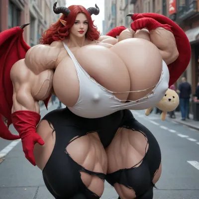 1girl, realistic, {{{{, (hypermuscles), }}}}, (hyperbreasts), (hypernipples), (hyper-camel-toe), (DC Comic books), Superhero, Superheroine, (standing outside in a street that has high-tech science fiction buildings with neon lights), (unlimited magical growth and unrealistically distorted body part sizes), (dark red skin), (cascading extremely long curly dark crimson red hair), 10' tall, (Tiefling Succubus amazon mini-GTS with gigantic massive colossally muscular hyper-muscles with gigantic colossally muscular huge arm muscles), (wearing a light-blue, light-pink and white skintight sexy Superhero costume), (porn star erotic model huge gigantic perky extremely round wide diameter hyper breasts boobs under the superhero costume), (sexy female face), (huge massive thick black spiral-shaped horns on her head), (a very short thick demon tail slightly curving behind her with a spade shaped tip at the end), (pumped-up breasts), (pumped-up muscles), (huge massive colossal gigantic demon wings on her back reaching over halfway to the ground and rising above her head and flaring out to either side of her), (gigantic sized muscular shoulders), (extremely slim waist), (unbelievably long and deep cleavage firmly pressed together), (wide plush hips), (gigantic bubble-butt), (gigantic muscular girl), (include extreme female hyper-muscle growth with supersized biceps and triceps and gigantic muscles bulging and ripping out of her top), (extreme female hyper-breast growth to gigantic colossal perfectly round super-firm breasts firmly thrusting directly straight out from her chest), (her breasts are so firm and rounded that they cover everything from base of her neck down to where they touch the middle of her thighs and stick out to beyond her arms), (extremely long narrow deep cleavage), (both breasts pressed firmly together), (gigantic super-perky nipples tenting the fabric of the costume that covers them by thrusting upward from her breasts), gigantic arms, gigantic legs, (extreme female muscle growth), (each breast's volume is equal twice to the volume of a "yoga-exercise-ball"), Biceps and Triceps volume is equal to twice the volume of a "beach-ball", (Nipple volume is equal to twice the volume of a "litter-soda-bottle"), (Camel-toe volume is equal to twice the volume of a "watermelon"), colossal biceps, (extreme breast growth), (extreme nipple growth), (massively swollen breasts), overfilled breasts, (gigantic prominent noticeably swollen and bulging camel-toe with an extremely long massive slit), (extremely noticeably prominent steroid muscle growth creating gigantic oversized slabs of muscles all over her body), (gigantic prominent black areola bulging out from under each superhero costume covered nipple)