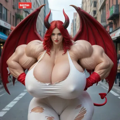 1girl, realistic, {{{{, (hypermuscles), }}}}, (hyperbreasts), (hypernipples), (hyper-camel-toe), (DC Comic books), Superhero, Superheroine, (standing outside in a street that has high-tech science fiction buildings with neon lights), (unlimited magical growth and unrealistically distorted body part sizes), (dark red skin), (cascading extremely long curly dark crimson red hair), 10' tall, (Tiefling Succubus amazon mini-GTS with gigantic massive colossally muscular hyper-muscles with gigantic colossally muscular huge arm muscles), (wearing a light-blue, light-pink and white skintight sexy Superhero costume), (porn star erotic model huge gigantic perky extremely round wide diameter hyper breasts boobs under the superhero costume), (sexy female face), (huge massive thick black spiral-shaped horns on her head), (a very short thick demon tail slightly curving behind her with a spade shaped tip at the end), (pumped-up breasts), (pumped-up muscles), (huge massive colossal gigantic demon wings on her back reaching over halfway to the ground and rising above her head and flaring out to either side of her), (gigantic sized muscular shoulders), (extremely slim waist), (unbelievably long and deep cleavage firmly pressed together), (wide plush hips), (gigantic bubble-butt), (gigantic muscular girl), (include extreme female hyper-muscle growth with supersized biceps and triceps and gigantic muscles bulging and ripping out of her top), (extreme female hyper-breast growth to gigantic colossal perfectly round super-firm breasts firmly thrusting directly straight out from her chest), (her breasts are so firm and rounded that they cover everything from base of her neck down to where they touch the middle of her thighs and stick out to beyond her arms), (extremely long narrow deep cleavage), (both breasts pressed firmly together), (gigantic super-perky nipples tenting the fabric of the costume that covers them by thrusting upward from her breasts), gigantic arms, gigantic legs, (extreme female muscle growth), (each breast's volume is equal twice to the volume of a "yoga-exercise-ball"), Biceps and Triceps volume is equal to twice the volume of a "beach-ball", (Nipple volume is equal to twice the volume of a "litter-soda-bottle"), (Camel-toe volume is equal to twice the volume of a "watermelon"), colossal biceps, (extreme breast growth), (extreme nipple growth), (massively swollen breasts), overfilled breasts, (gigantic prominent noticeably swollen and bulging camel-toe with an extremely long massive slit), (extremely noticeably prominent steroid muscle growth creating gigantic oversized slabs of muscles all over her body), (gigantic prominent black areola bulging out from under each superhero costume covered nipple)