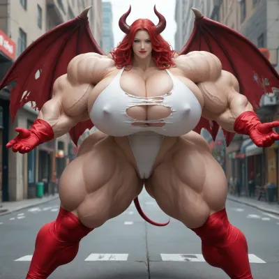 1girl, realistic, {{{{, (hypermuscles), }}}}, (hyperbreasts), (hypernipples), (hyper-camel-toe), (DC Comic books), Superhero, Superheroine, (standing outside in a street that has high-tech science fiction buildings with neon lights), (unlimited magical growth and unrealistically distorted body part sizes), (dark red skin), (cascading extremely long curly dark crimson red hair), 10' tall, (Tiefling Succubus amazon mini-GTS with gigantic massive colossally muscular hyper-muscles with gigantic colossally muscular huge arm muscles), (wearing a light-blue, light-pink and white skintight sexy Superhero costume), (porn star erotic model huge gigantic perky extremely round wide diameter hyper breasts boobs under the superhero costume), (sexy female face), (huge massive thick black spiral-shaped horns on her head), (a very short thick demon tail slightly curving behind her with a spade shaped tip at the end), (pumped-up breasts), (pumped-up muscles), (huge massive colossal gigantic demon wings on her back reaching over halfway to the ground and rising above her head and flaring out to either side of her), (gigantic sized muscular shoulders), (extremely slim waist), (unbelievably long and deep cleavage firmly pressed together), (wide plush hips), (gigantic bubble-butt), (gigantic muscular girl), (include extreme female hyper-muscle growth with supersized biceps and triceps and gigantic muscles bulging and ripping out of her top), (extreme female hyper-breast growth to gigantic colossal perfectly round super-firm breasts firmly thrusting directly straight out from her chest), (her breasts are so firm and rounded that they cover everything from base of her neck down to where they touch the middle of her thighs and stick out to beyond her arms), (extremely long narrow deep cleavage), (both breasts pressed firmly together), (gigantic super-perky nipples tenting the fabric of the costume that covers them by thrusting upward from her breasts), gigantic arms, gigantic legs, (extreme female muscle growth), (each breast's volume is equal twice to the volume of a "yoga-exercise-ball"), Biceps and Triceps volume is equal to twice the volume of a "beach-ball", (Nipple volume is equal to twice the volume of a "litter-soda-bottle"), (Camel-toe volume is equal to twice the volume of a "watermelon"), colossal biceps, (extreme breast growth), (extreme nipple growth), (massively swollen breasts), overfilled breasts, (gigantic prominent noticeably swollen and bulging camel-toe with an extremely long massive slit), (extremely noticeably prominent steroid muscle growth creating gigantic oversized slabs of muscles all over her body), (gigantic prominent black areola bulging out from under each superhero costume covered nipple)