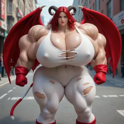 1girl, realistic, {{{{, (hypermuscles), }}}}, (hyperbreasts), (hypernipples), (hyper-camel-toe), (DC Comic books), Superhero, Superheroine, (standing outside in a street that has high-tech science fiction buildings with neon lights), (unlimited magical growth and unrealistically distorted body part sizes), (dark red skin), (cascading extremely long curly dark crimson red hair), 10' tall, (Tiefling Succubus amazon mini-GTS with gigantic massive colossally muscular hyper-muscles with gigantic colossally muscular huge arm muscles), (wearing a light-blue, light-pink and white skintight sexy Superhero costume), (porn star erotic model huge gigantic perky extremely round wide diameter hyper breasts boobs under the superhero costume), (sexy female face), (huge massive thick black spiral-shaped horns on her head), (a very short thick demon tail slightly curving behind her with a spade shaped tip at the end), (pumped-up breasts), (pumped-up muscles), (huge massive colossal gigantic demon wings on her back reaching over halfway to the ground and rising above her head and flaring out to either side of her), (gigantic sized muscular shoulders), (extremely slim waist), (unbelievably long and deep cleavage firmly pressed together), (wide plush hips), (gigantic bubble-butt), (gigantic muscular girl), (include extreme female hyper-muscle growth with supersized biceps and triceps and gigantic muscles bulging and ripping out of her top), (extreme female hyper-breast growth to gigantic colossal perfectly round super-firm breasts firmly thrusting directly straight out from her chest), (her breasts are so firm and rounded that they cover everything from base of her neck down to where they touch the middle of her thighs and stick out to beyond her arms), (extremely long narrow deep cleavage), (both breasts pressed firmly together), (gigantic super-perky nipples tenting the fabric of the costume that covers them by thrusting upward from her breasts), gigantic arms, gigantic legs, (extreme female muscle growth), (each breast's volume is equal twice to the volume of a "yoga-exercise-ball"), Biceps and Triceps volume is equal to twice the volume of a "beach-ball", (Nipple volume is equal to twice the volume of a "litter-soda-bottle"), (Camel-toe volume is equal to twice the volume of a "watermelon"), colossal biceps, (extreme breast growth), (extreme nipple growth), (massively swollen breasts), overfilled breasts, (gigantic prominent noticeably swollen and bulging camel-toe with an extremely long massive slit), (extremely noticeably prominent steroid muscle growth creating gigantic oversized slabs of muscles all over her body), (gigantic prominent black areola bulging out from under each superhero costume covered nipple)