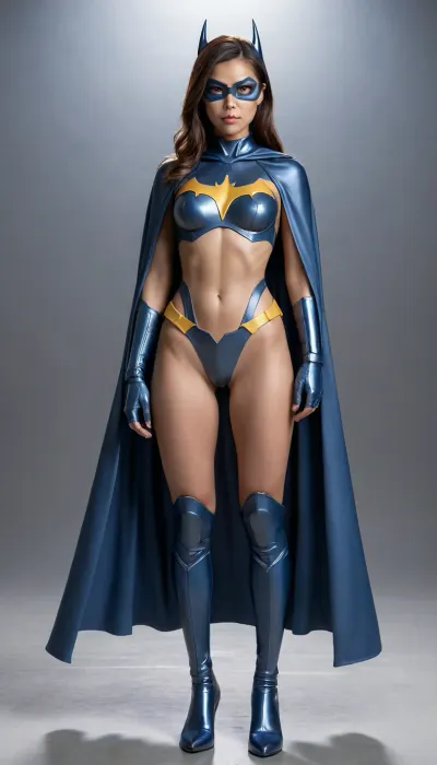 Asian Cyborg Batgirl, grey-blue-cape, full body view 21-year-old, petite, big breasts, nude, shaved vagina-facing viewer, clear background.