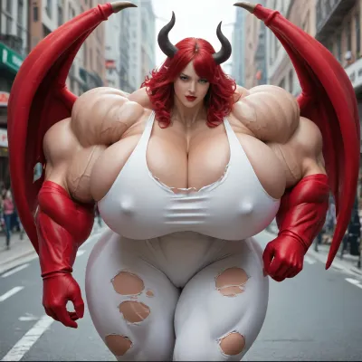 1girl, realistic, {{{{, (hypermuscles), }}}}, (hyperbreasts), (hypernipples), (hyper-camel-toe), (DC Comic books), Superhero, Superheroine, (standing outside in a street that has high-tech science fiction buildings with neon lights), (unlimited magical growth and unrealistically distorted body part sizes), (dark red skin), (cascading extremely long curly dark crimson red hair), 10' tall, (Tiefling Succubus amazon mini-GTS with gigantic massive colossally muscular hyper-muscles with gigantic colossally muscular huge arm muscles), (wearing a light-blue, light-pink and white skintight sexy Superhero costume), (porn star erotic model huge gigantic perky extremely round wide diameter hyper breasts boobs under the superhero costume), (sexy female face), (huge massive thick black spiral-shaped horns on her head), (a very short thick demon tail slightly curving behind her with a spade shaped tip at the end), (pumped-up breasts), (pumped-up muscles), (huge massive colossal gigantic demon wings on her back reaching over halfway to the ground and rising above her head and flaring out to either side of her), (gigantic sized muscular shoulders), (extremely slim waist), (unbelievably long and deep cleavage firmly pressed together), (wide plush hips), (gigantic bubble-butt), (gigantic muscular girl), (include extreme female hyper-muscle growth with supersized biceps and triceps and gigantic muscles bulging and ripping out of her top), (extreme female hyper-breast growth to gigantic colossal perfectly round super-firm breasts firmly thrusting directly straight out from her chest), (her breasts are so firm and rounded that they cover everything from base of her neck down to where they touch the middle of her thighs and stick out to beyond her arms), (extremely long narrow deep cleavage), (both breasts pressed firmly together), (gigantic super-perky nipples tenting the fabric of the costume that covers them by thrusting upward from her breasts), gigantic arms, gigantic legs, (extreme female muscle growth), (each breast's volume is equal twice to the volume of a "yoga-exercise-ball"), Biceps and Triceps volume is equal to twice the volume of a "beach-ball", (Nipple volume is equal to twice the volume of a "litter-soda-bottle"), (Camel-toe volume is equal to twice the volume of a "watermelon"), colossal biceps, (extreme breast growth), (extreme nipple growth), (massively swollen breasts), overfilled breasts, (gigantic prominent noticeably swollen and bulging camel-toe with an extremely long massive slit), (extremely noticeably prominent steroid muscle growth creating gigantic oversized slabs of muscles all over her body), (gigantic prominent black areola bulging out from under each superhero costume covered nipple)