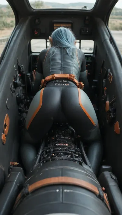 medium shot, 1girl, (tight pilot-suit:1.5), neat ears, round perky ass, slim hips, long hair, very light blue hair, hair slightly curled, in the front of narrow cockpit, narrow tandem cockpit, cockpit saddle, (straddling of cockpit saddle on all fours:1.5), (leaning forward:1.5), (ass up:1.5), (from above, from behind:1.5), holding controls, (hands on the controls at the bottom:1.5), (window left, window right, window in the front lower part of the cab:1.5), facing forward out cockpit, no seat, (looks out the front window:1.5)