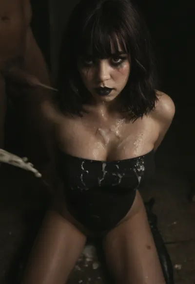 Close-up photo of a woman kneeling, 2 African men standing, woman is a 40yo Caucasian milf, warm lighting, dimly lit, (((UHD 8K, masterpiece, best quality, maximum details, extreme realism, cinematic still))), (in motel room), ((((black sheer tubetop))), black boots, (black lipstick), (runny mascara)), (((((dirty black hair and bangs))))), (long breasts), (((sagging))), ((arms behind back)), (cumshots:2), (cum on clothing:1.5), (bukkake on her chest:1.8), ((((view from above)))), sagging, breasts, bukkake, <lora:sagging-000015:.45>, <lora:dark:.5>, <lora:MS_Real_XL_Bukkake:.4>, polaroid, film, photography, <lora:Polaroidv2:.7>