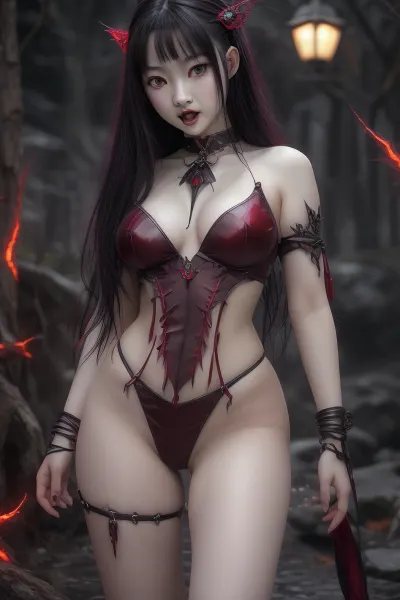 Asian, photo-realistic, natural petite cute Asisn, 18 years old beautiful vampire, (petite), very detailed face, pale woman with red-black-hair, Vampire, nude, red eyes, (((very long vampiric fangs))), in the style of dark fantasy, symmetrical epic fantasy art, dark fantasy, purple lights, neon, colorful, high detail, impeccable image quality, ultrarealism, fangs, full-body-view.