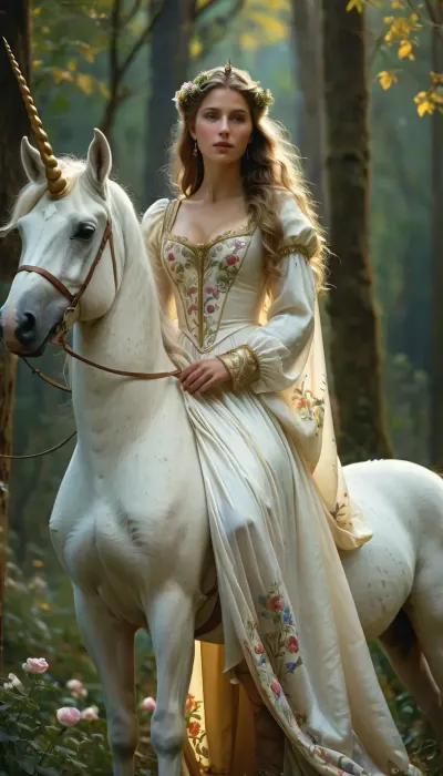 uber realistic image, fullcolor image, full body view, 8K quality, ultra detailed, masterpiece, dark fantasy, night, full moon, many glowing multi-colored flowers, Beautiful transparent French shepherdess, 14th century, very thin figure, large massive breasts, long loose hair, dressed in a peasant dress with open pliches, breasts protrude high from the bodice of the dress, met a white unicorn with a golden horn on the edge of the forest romanticism, whole body in frame, whole body visible, renfaire_gurlz_dress, wearing, J.C., Leyendecker, Style, page, <lora:TQ_-_Beauty_and_Unicorn_XL-000006:.4>, <lora:J.C. Leyendecker Style:.5>