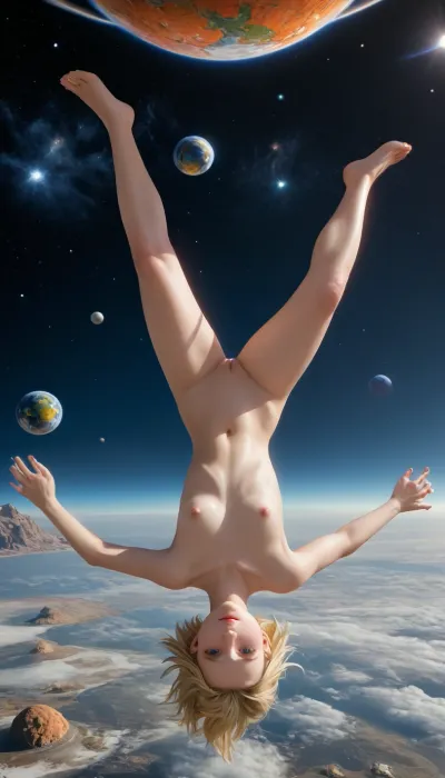 blond Hair, oily wet skin, flat, chested, Android 18 Dragon ball, Two beautiful sexy lesbians having sex while flying in space, upside down, full body in picture, Planets in background, no gravy, revealing tight space suit, naked breasts, naked legs, good hands, perfect fingers, (vagina), (shaved pussy)