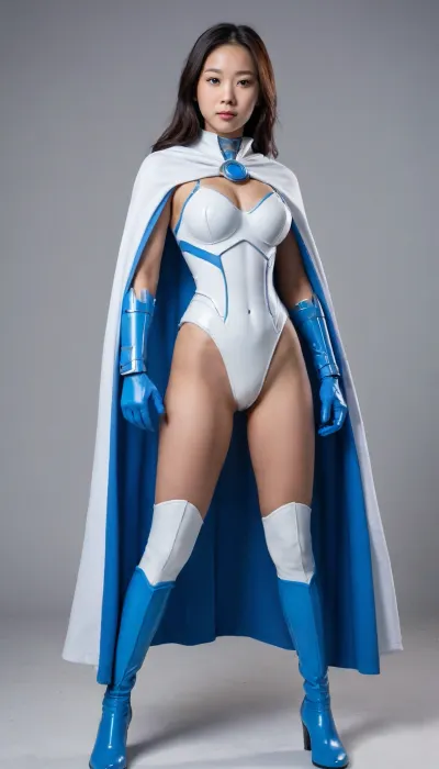 Asian Cyborg powegirl, white-cosume-blue-cape-blue-boots-and-gloves, full body view, 21-year-old, petite, big breasts, facing viewer, clear background.
