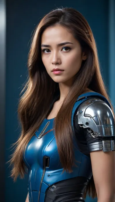 Asian, masterpiece, HQ photo, movie poster, fit body, Cyborg-Terminator Sazam!, 8k, UHD, HDRI cinematic, (long), ((((hair)))), straight hair, brown hair, sleeveless-blue, chrome, cape, [colour], 21-year-old, clear background.