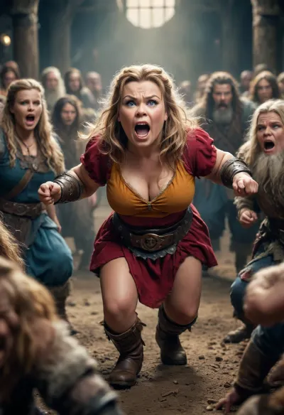 GLAMOUR DWARF INVASION FILM POSTER, WOMEN DWARF, IN THE STYLE OF EPIC MOVEMENT, DYNAMIC COMPOSITION, CINEMATIC COLOR GRADING, STUNNING, PHOTOREALISTIC, CHAOTIC ACTION, INTENSE EMOTION.